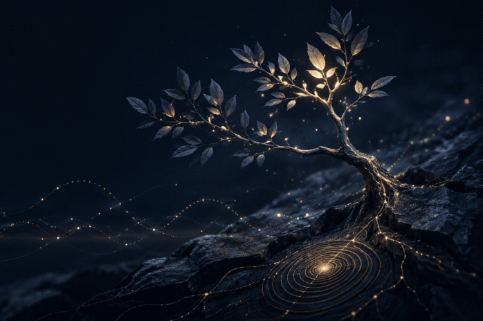 Dark editorial image of a glowing tree growing from rocky ground, with illuminated roots, growth rings and subtle data-like light trails symbolising AI guidance, business growth and measurable ROI.