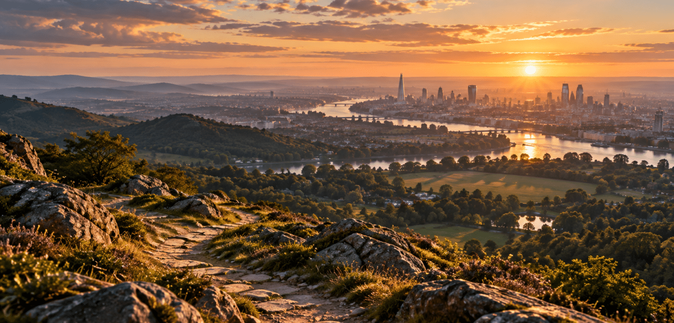 A rocky footpath on a hillside leading down towards a river valley and a distant city skyline at sunrise