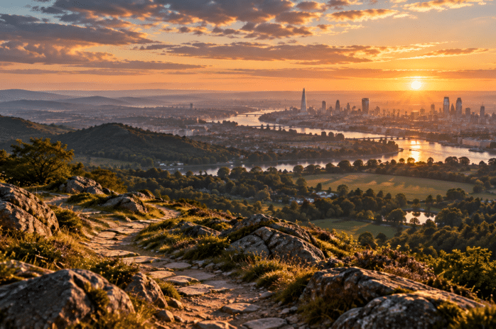 A rocky footpath on a hillside leading down towards a river valley and a distant city skyline at sunrise